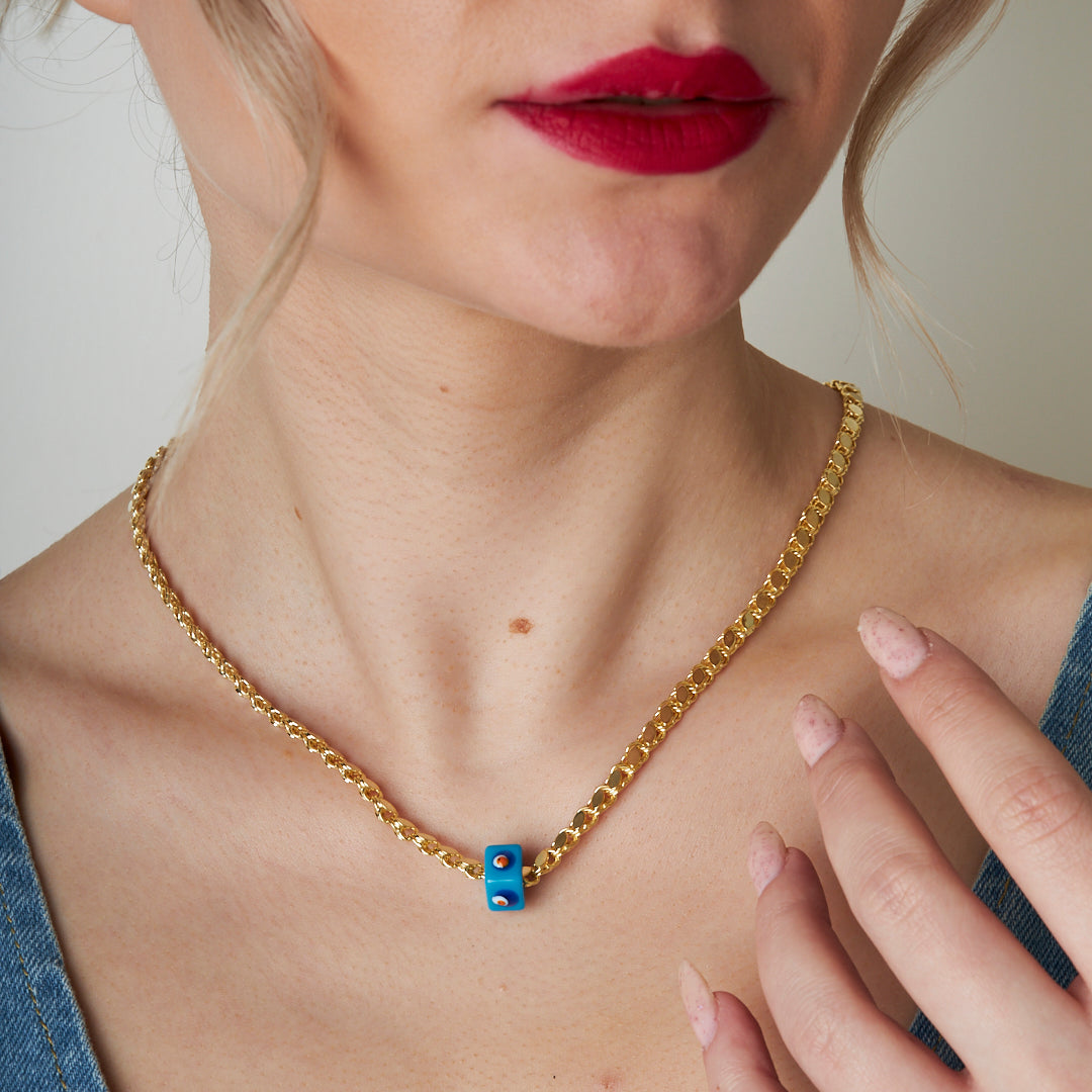 Blue Evil Eye Stone Sequined Aleppo Chain - 925 SILVER