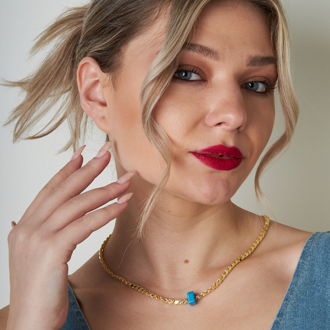Natural Stone Sequin Halab Chain Necklace - 925 SILVER