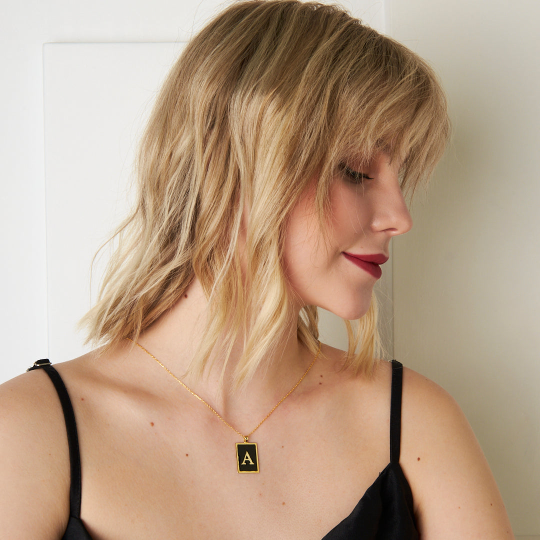 Black Enameled Square Letter Necklace - 925 Silver