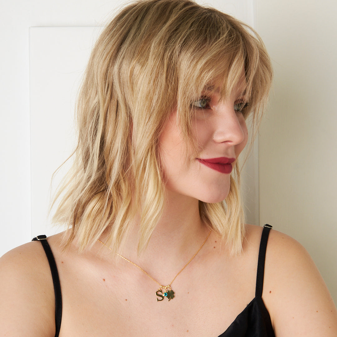 Evil Eye Clover Leaf Single Letter Necklace - 925 SILVER