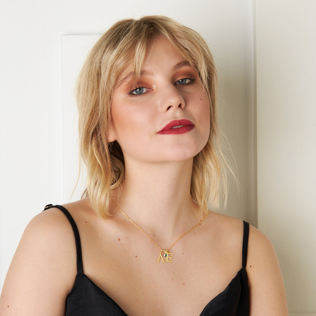 Evil Eye Necklace with Two Letters - 925 Silver