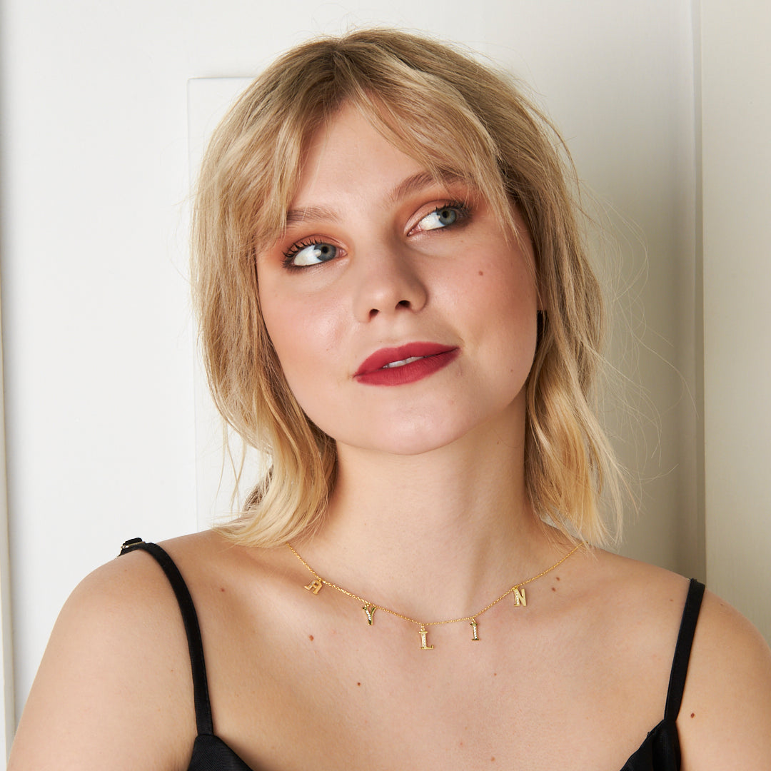 Half Stone Necklace Name Necklace with Letters - 925 Silver