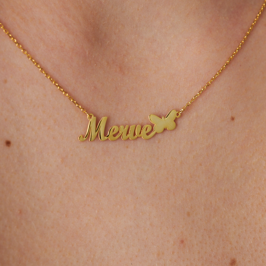 Horizontal Name Necklace with Butterfly Figure - 925 Silver