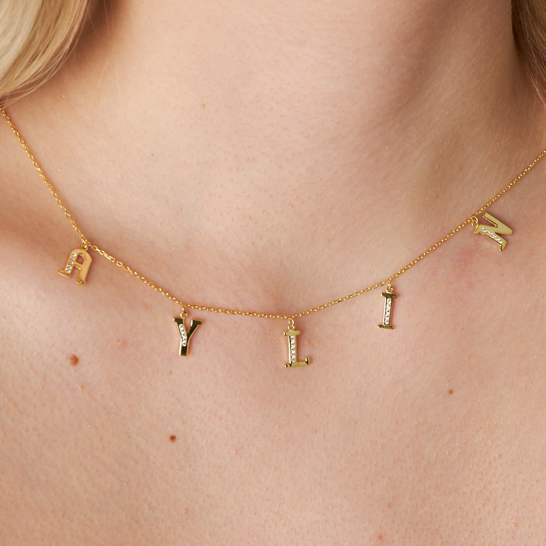 Half Stone Necklace Name Necklace with Letters - 925 Silver