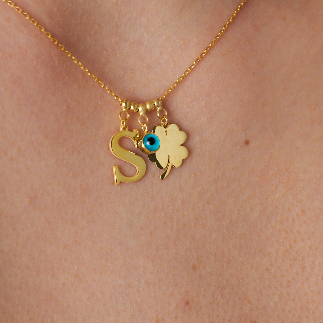 Evil Eye Clover Leaf Single Letter Necklace - 925 SILVER