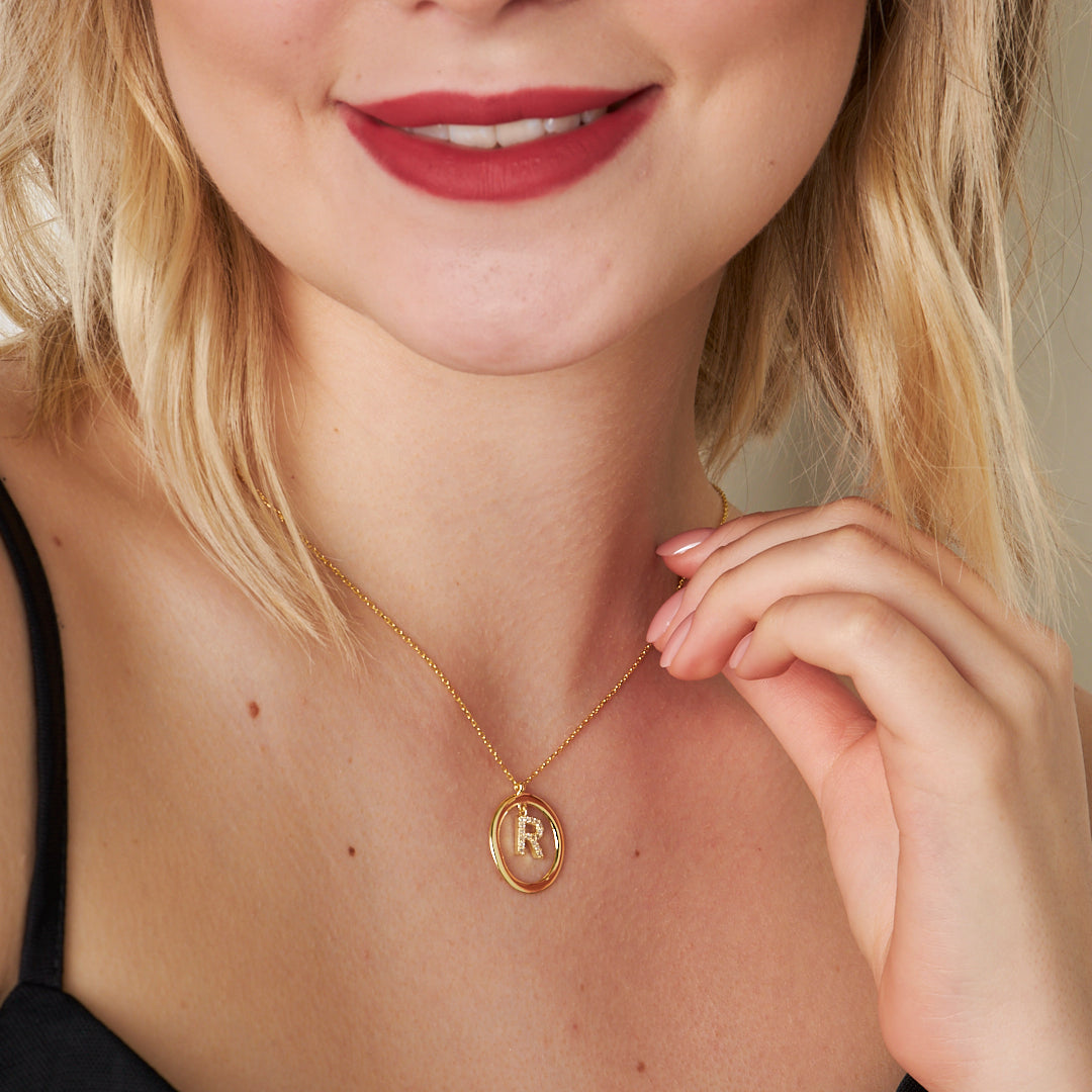 Oval Stone Letter Necklace - 925 SILVER