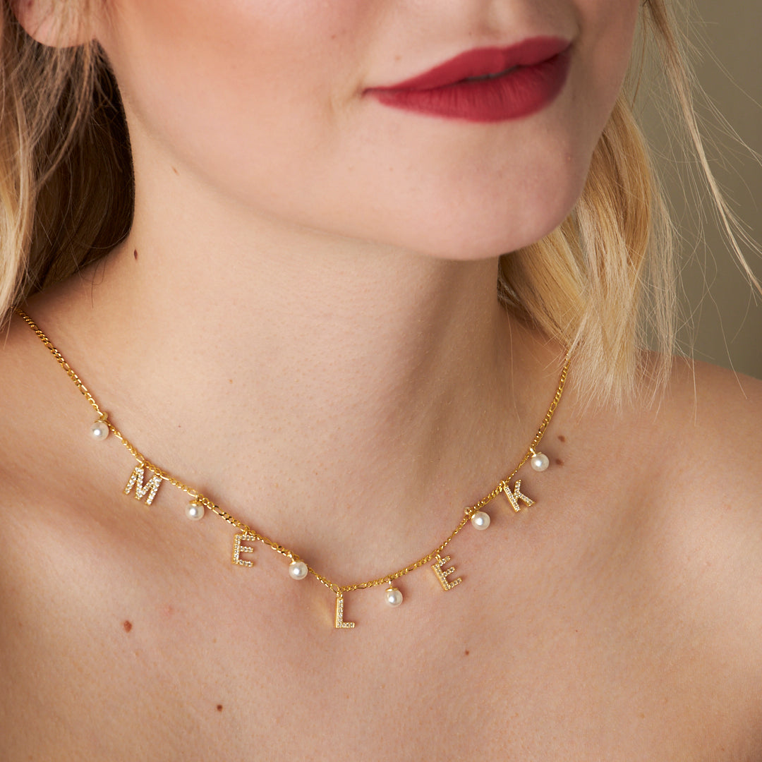 Figaro Pearl Stone Name Necklace - 925 SILVER