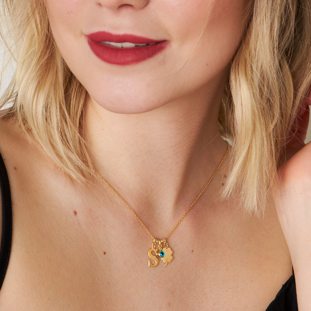 Evil Eye Clover Leaf Single Letter Necklace - 925 SILVER