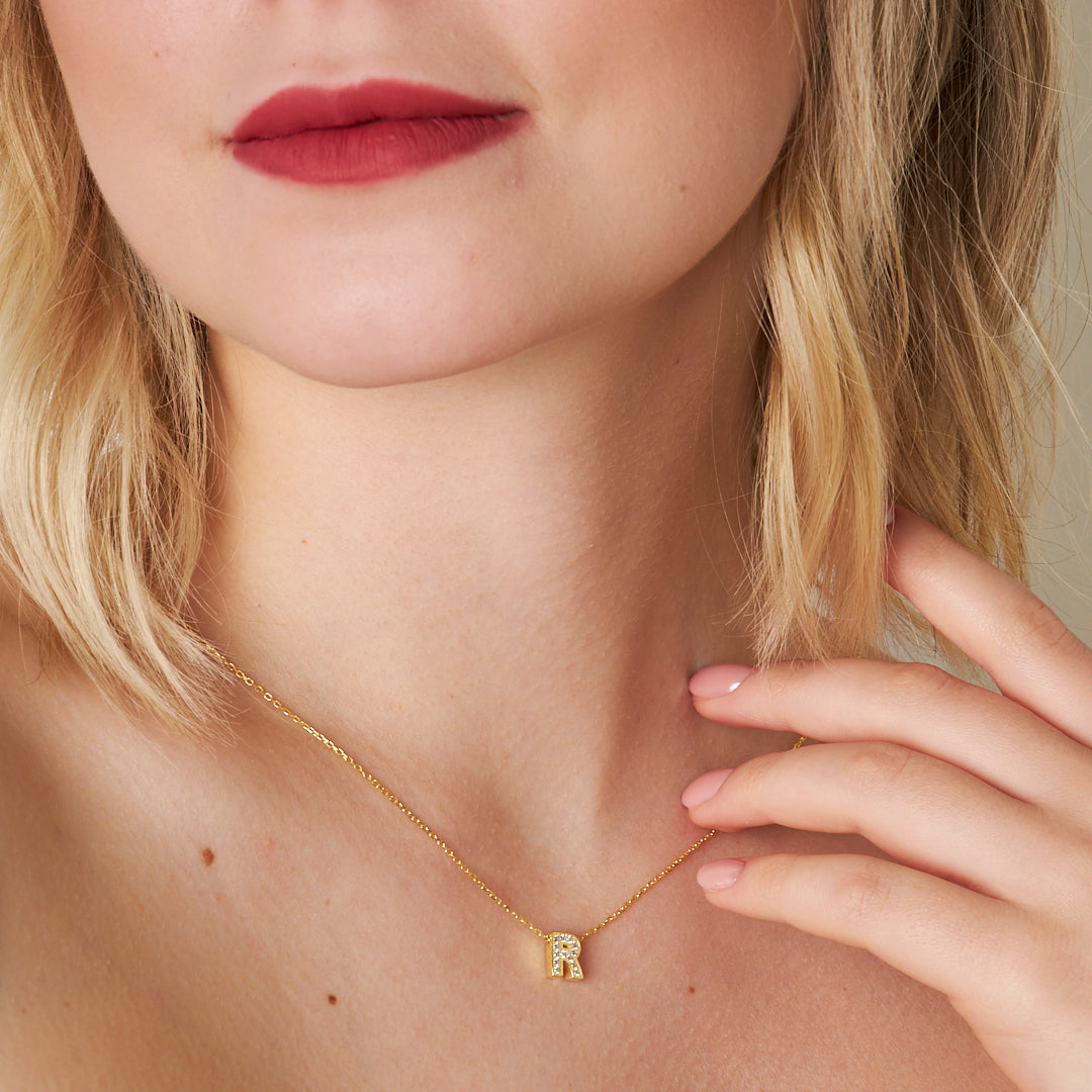 Minimal Lettered Stone Necklace - 925 SILVER