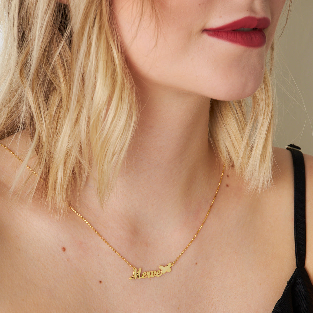 Horizontal Name Necklace with Butterfly Figure - 925 Silver