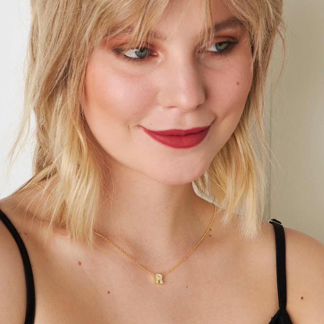 Minimal Lettered Stone Necklace - 925 SILVER