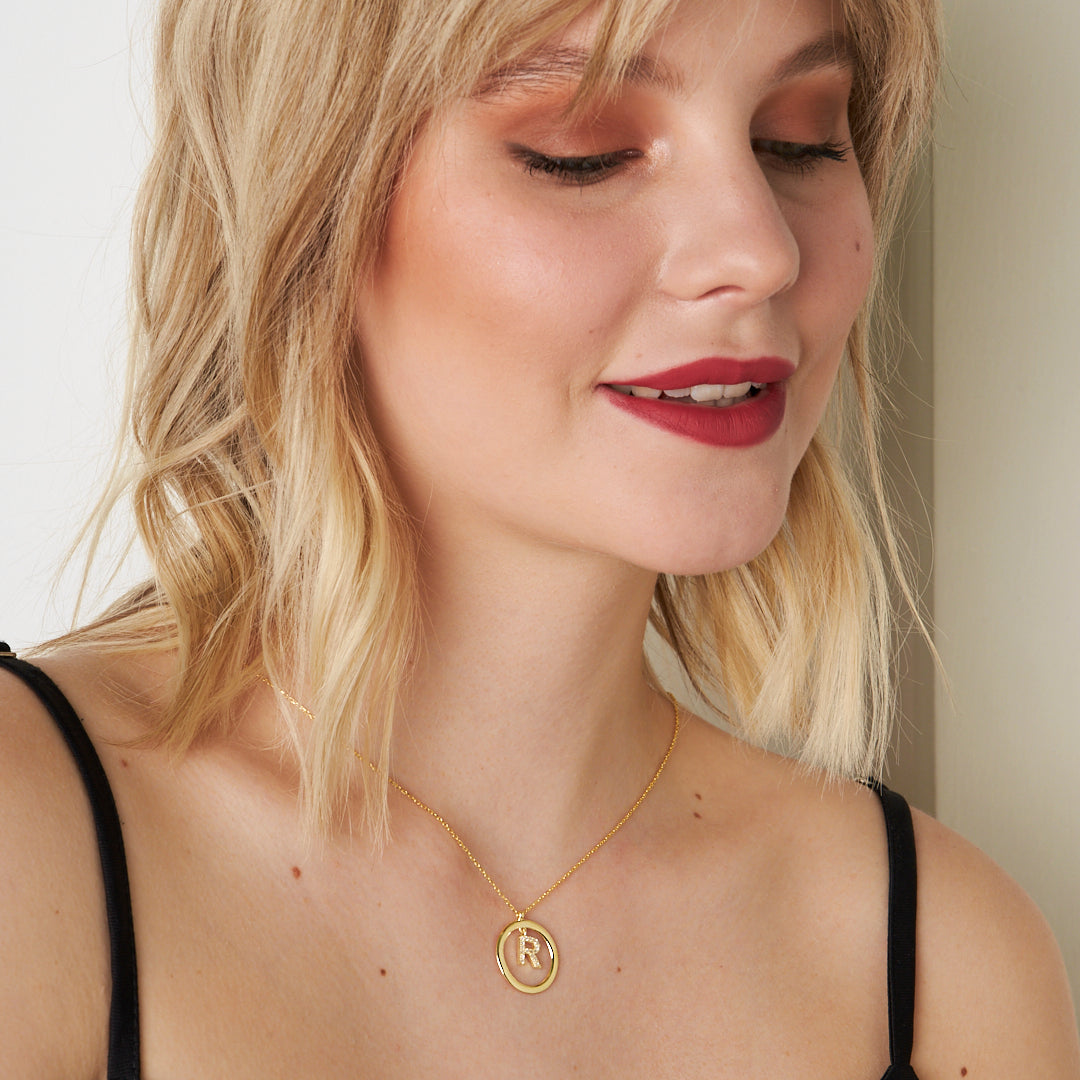 Oval Stone Letter Necklace - 925 SILVER