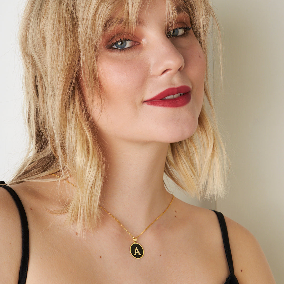 Black Enamel Oval Letter Necklace - 925 SILVER