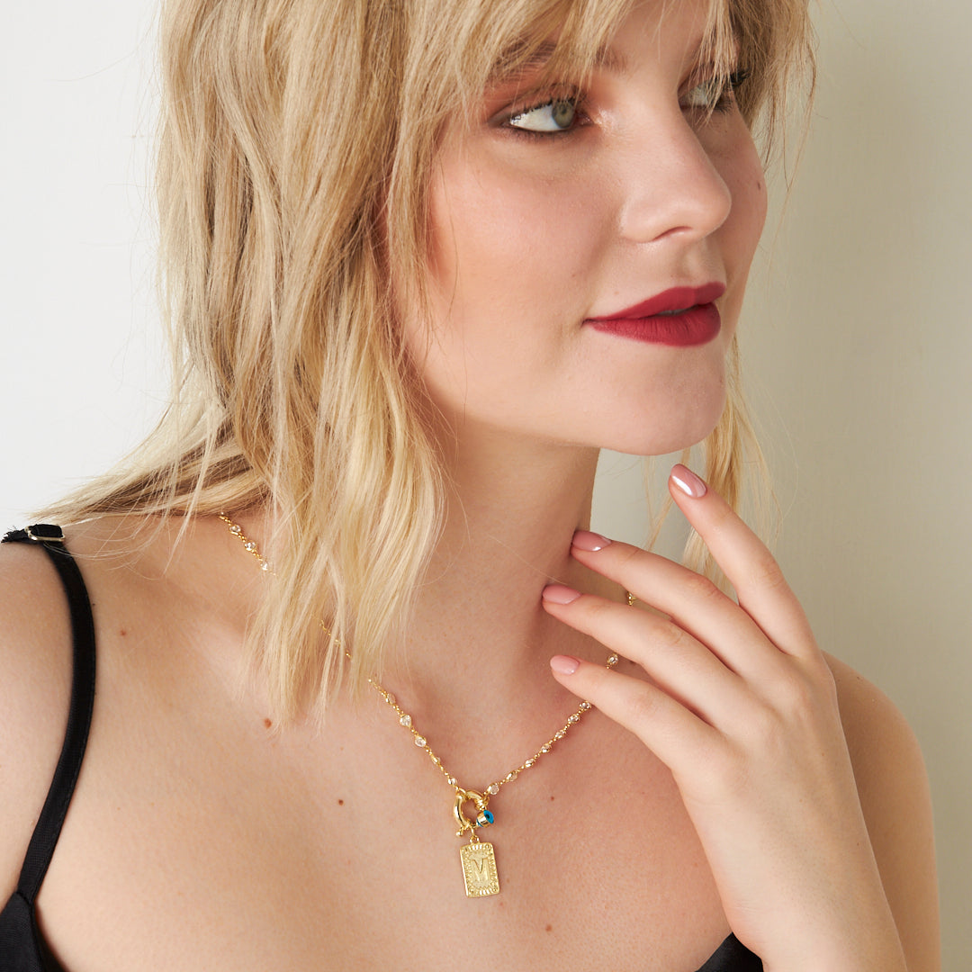 Iced Letter Necklace with Evil Eye Stone - 925 SILVER