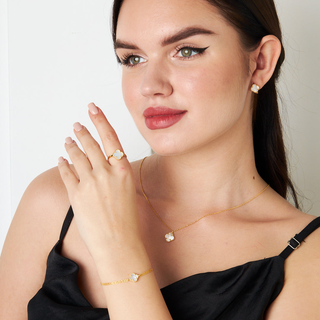 White Stone Clover Leaf Set - 925 SILVER