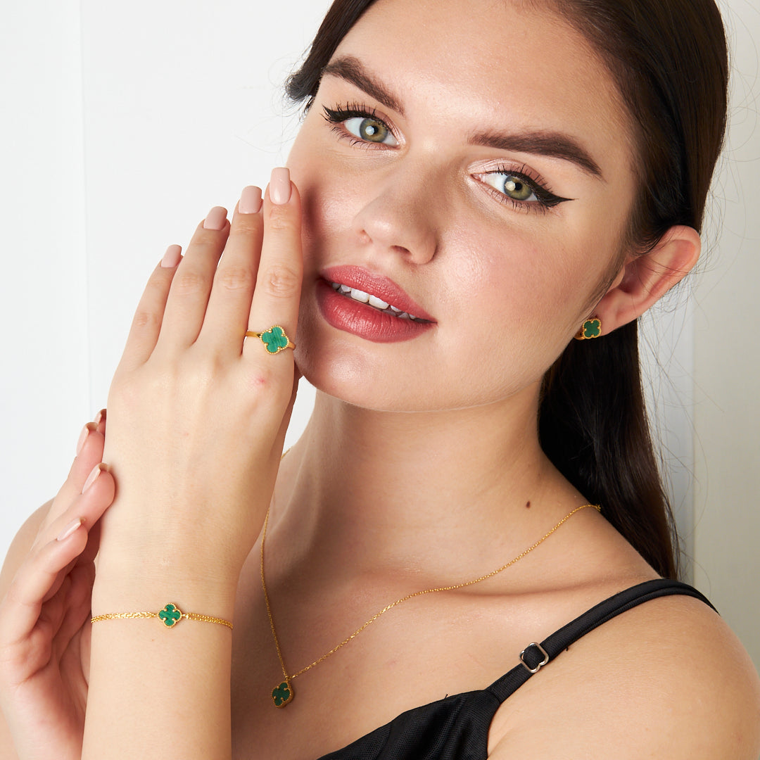 Green Stone Clover Leaf Set - 925 SILVER