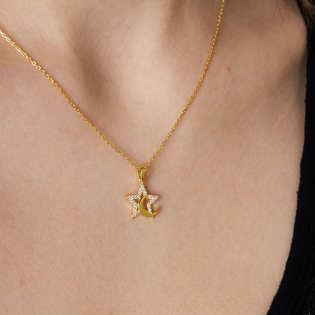 Adjacent Crescent Star Necklace - 925 SILVER