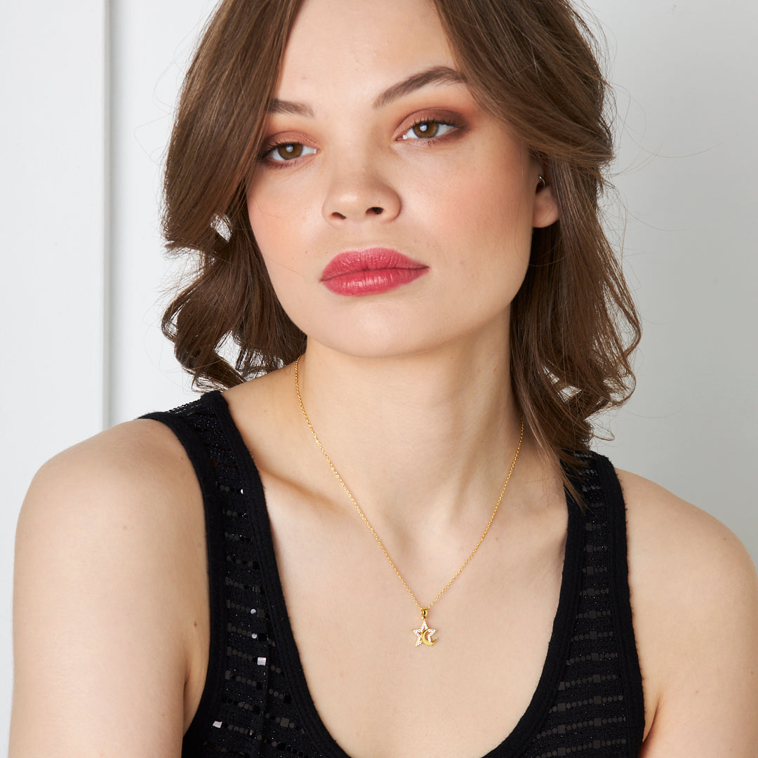 Adjacent Crescent Star Necklace - 925 SILVER