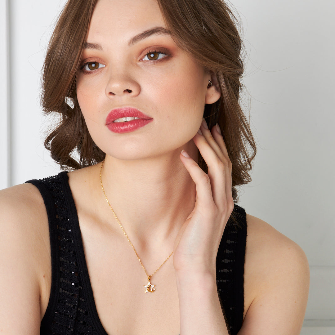 Adjacent Crescent Star Necklace - 925 SILVER