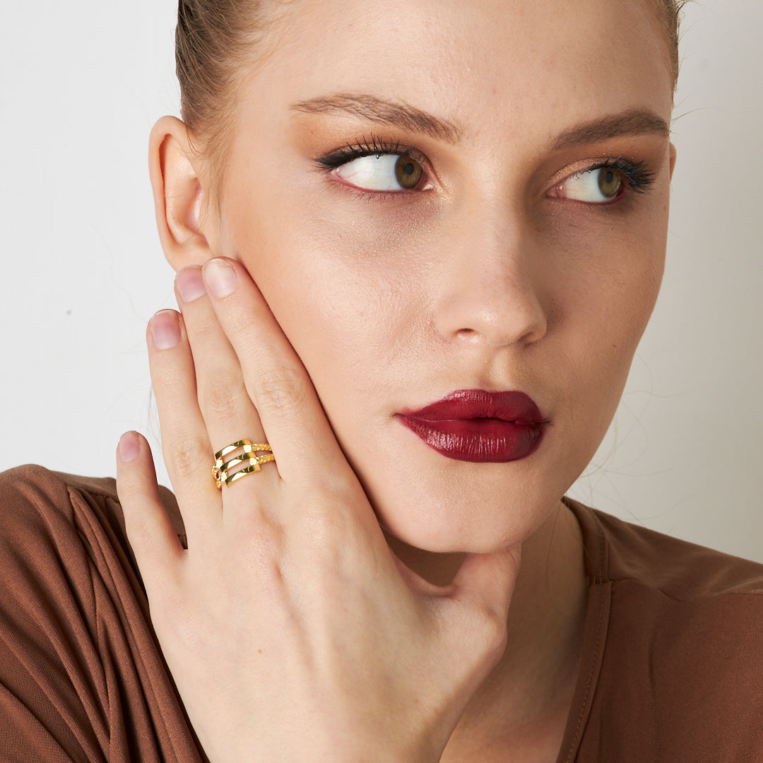 Three-Row Ribbed Ring with Patterned Edges - 925 SILVER