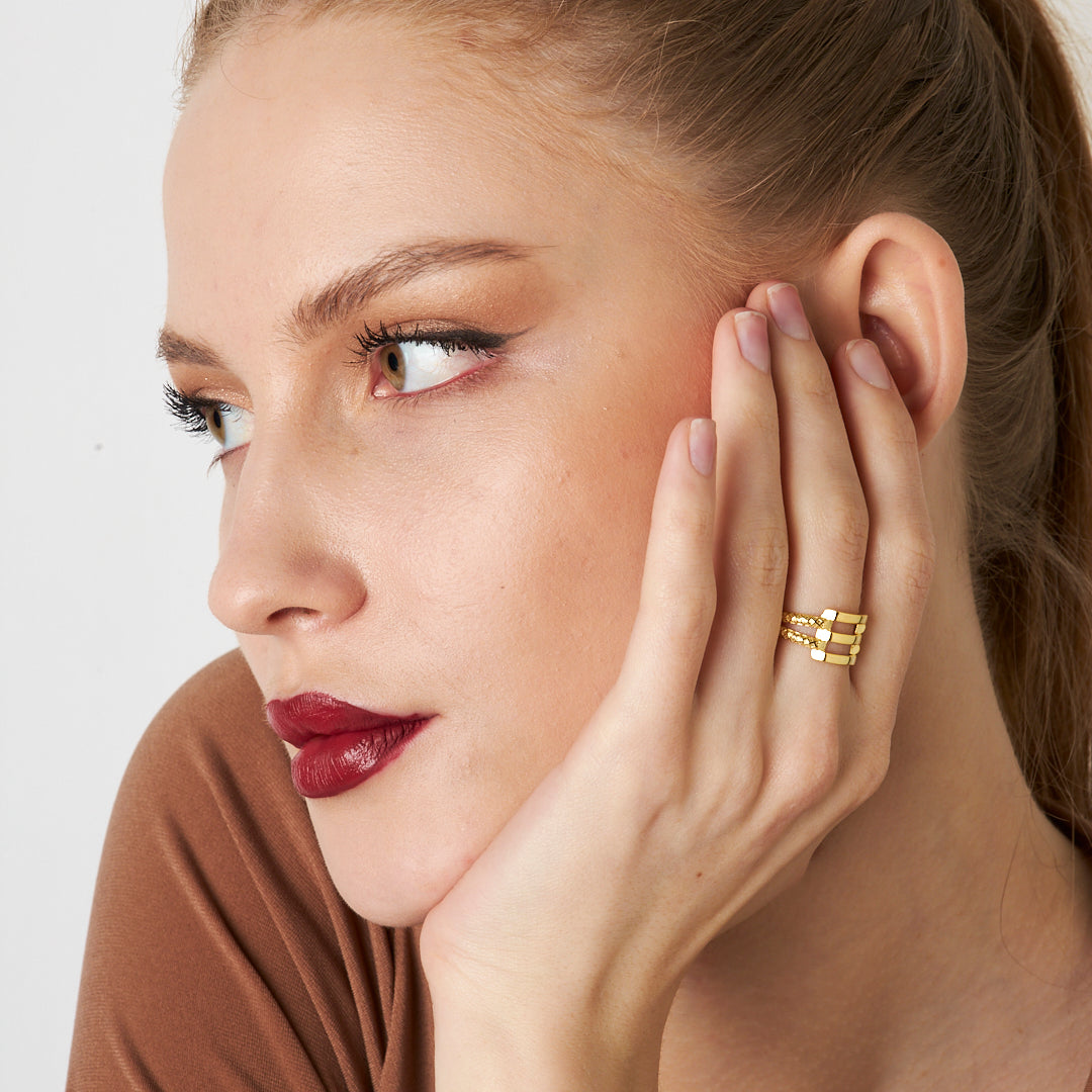 Three-Row Ribbed Ring with Patterned Edges - 925 SILVER