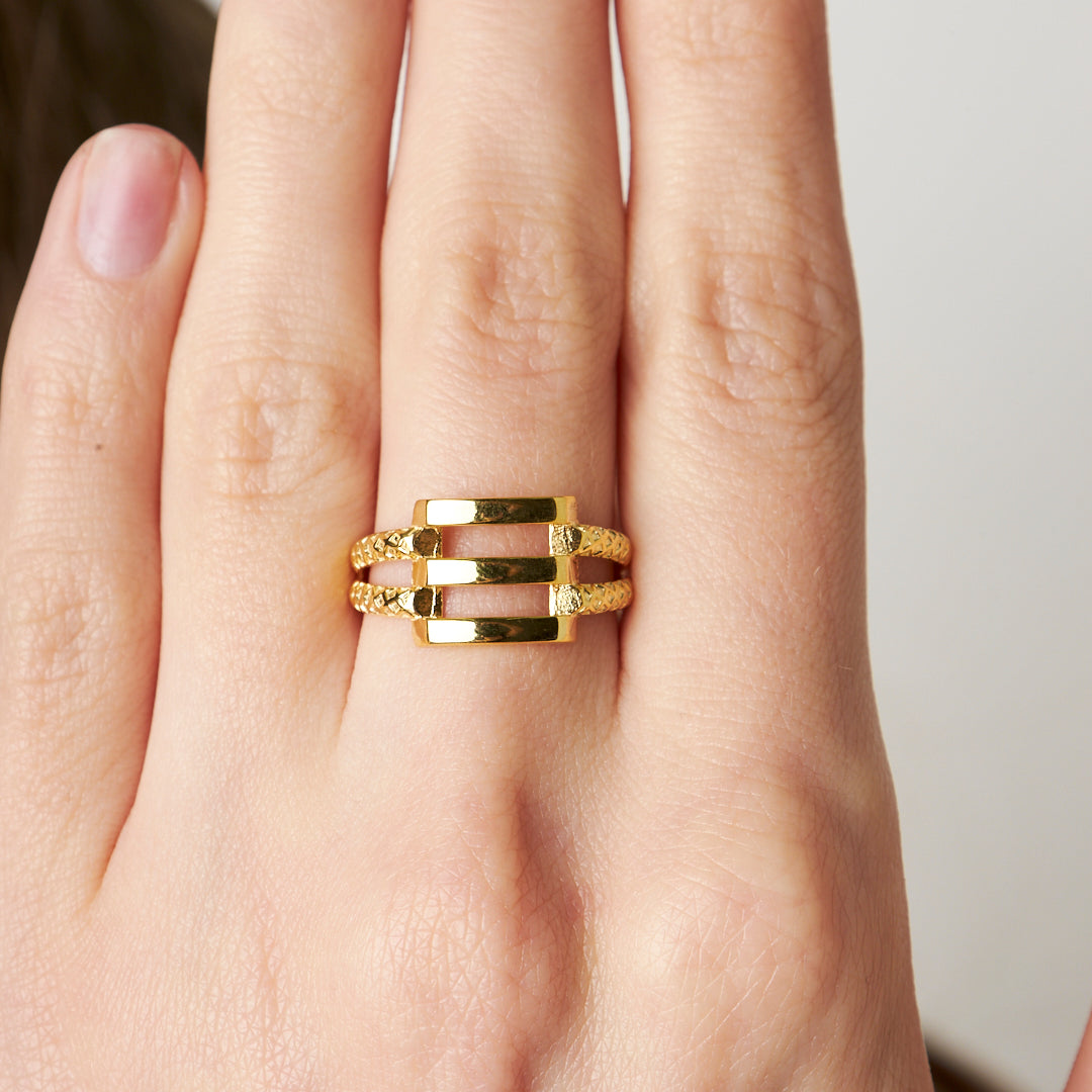 Three-Row Ribbed Ring with Patterned Edges - 925 SILVER