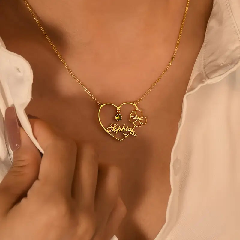 LUXUS HERZ KETTE MIT NAME & GEBURTSSTEIN | 925 SILBER