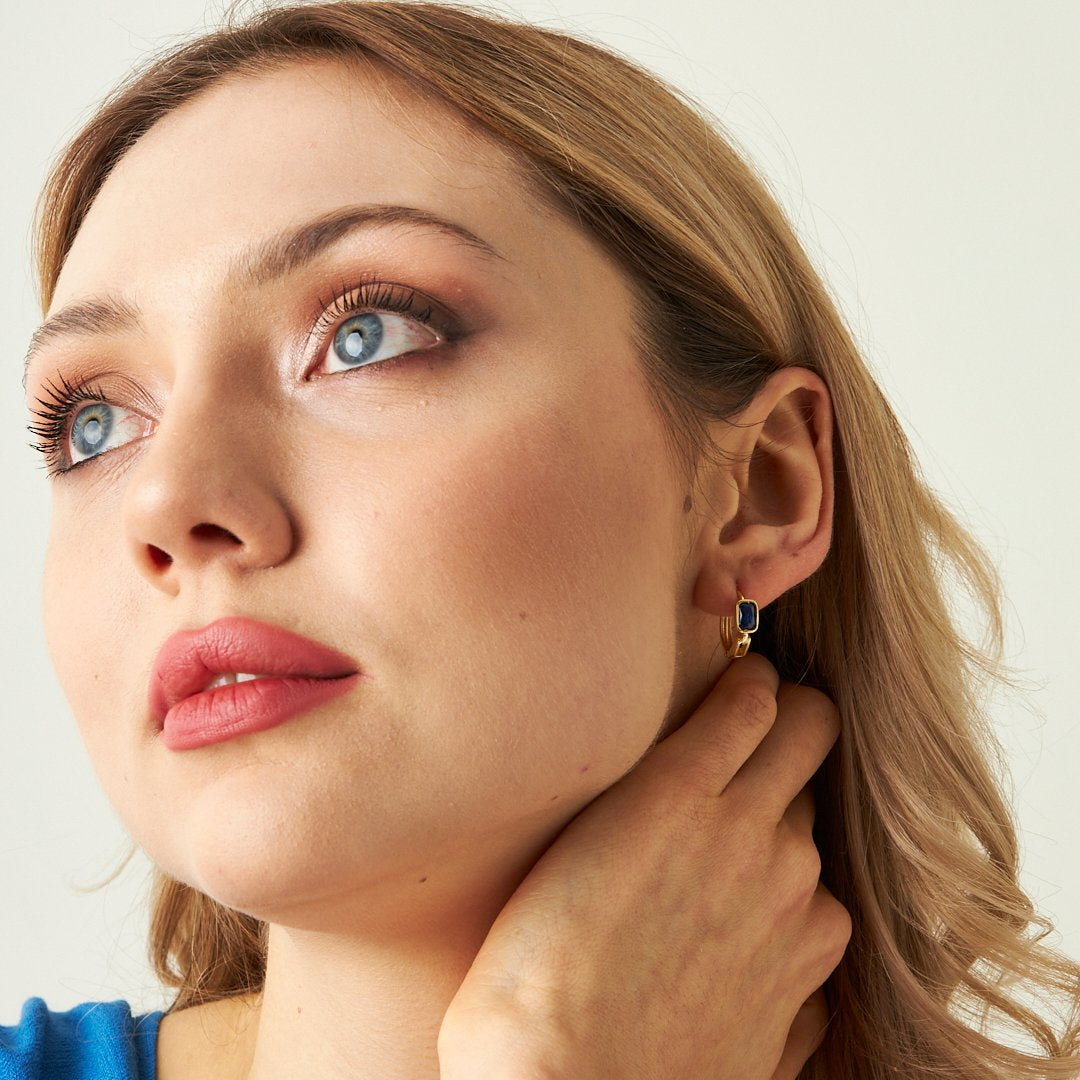 Baguette Earrings with Navy Blue Stones - 925 Silver