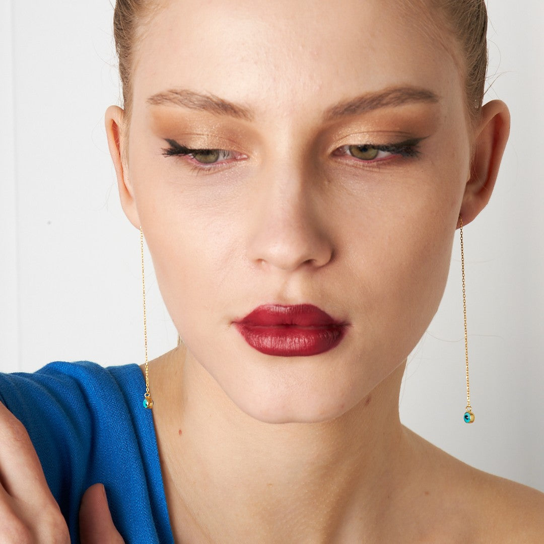 Evil Eye Dangling Chain Earrings - 925 SILVER