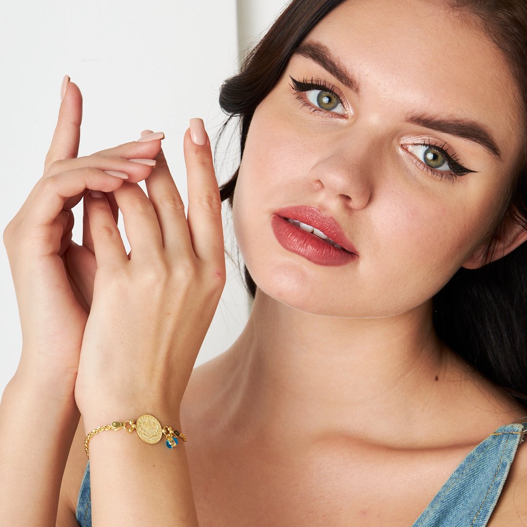 Tughra Evil Eye Embroidered Chain Bracelet - 925 SILVER