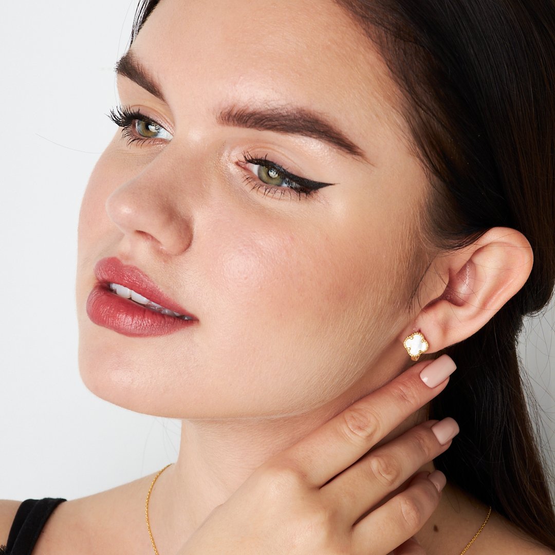 White Stone Clover Leaf Earrings - 925 SILVER