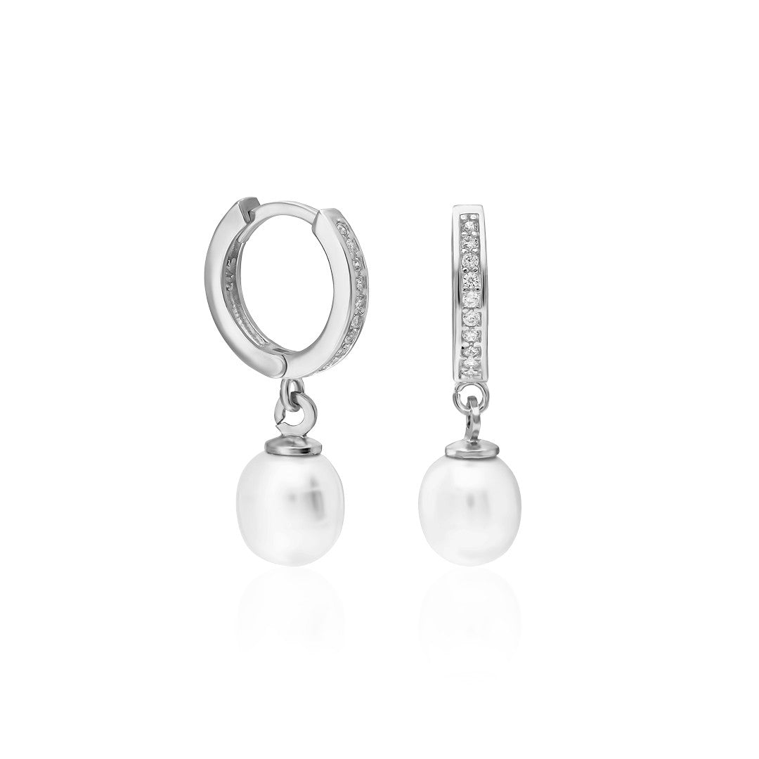 Pearl Stone Hoop Earrings - 925 SILVER