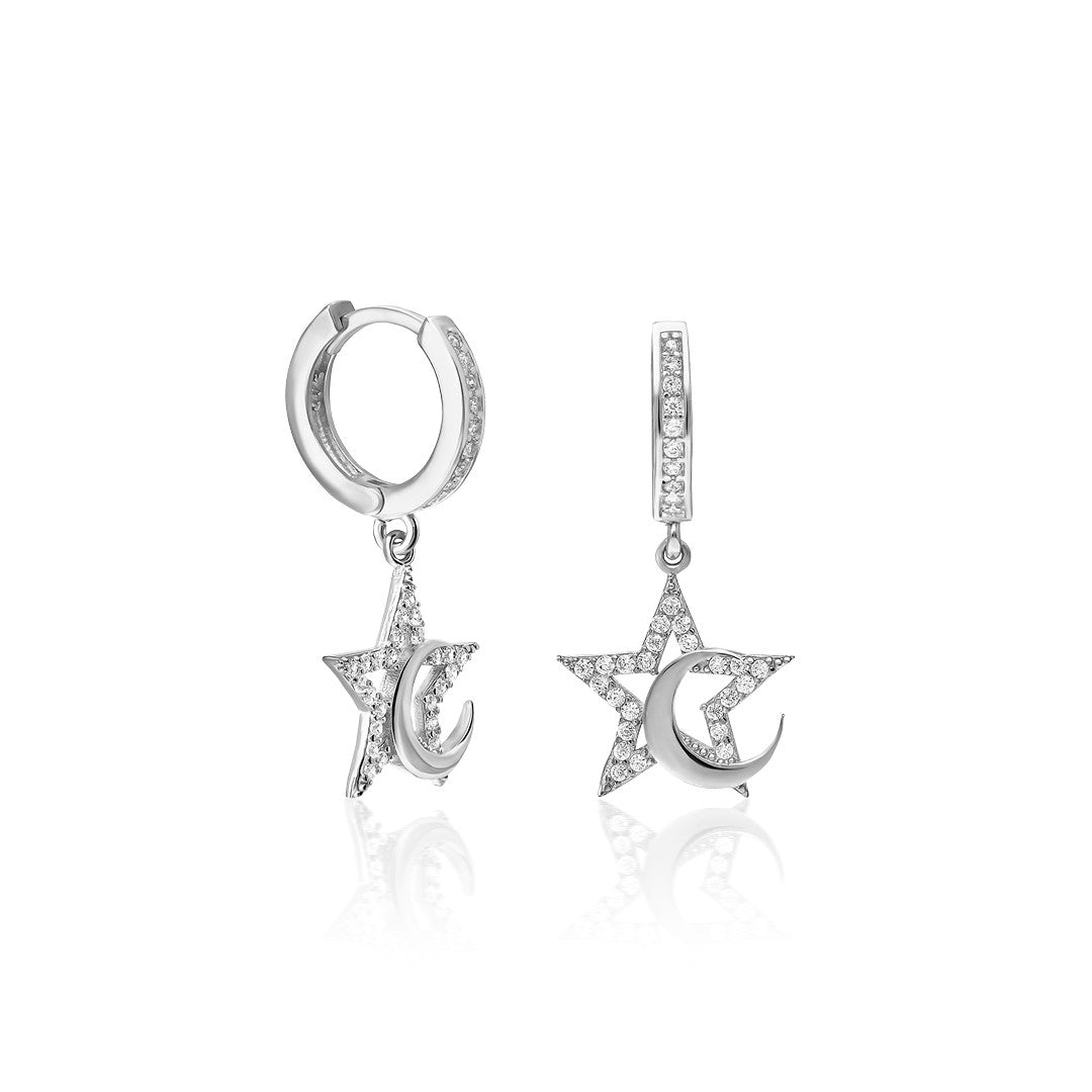 Crescent Moon Star Stone Earrings - 925 SILVER