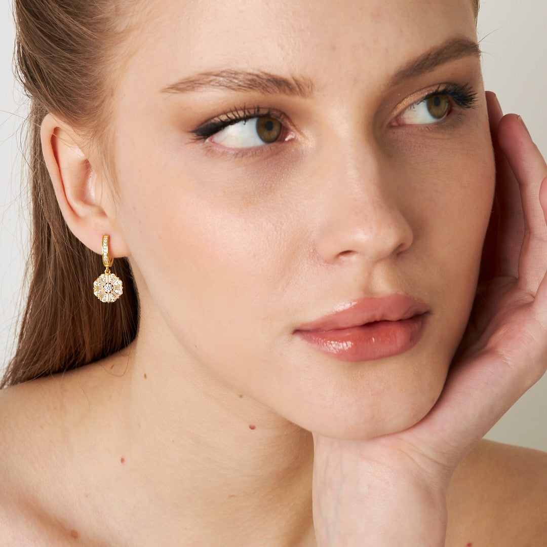 Baguette Stone Flower Pattern Earrings - 925 Silver