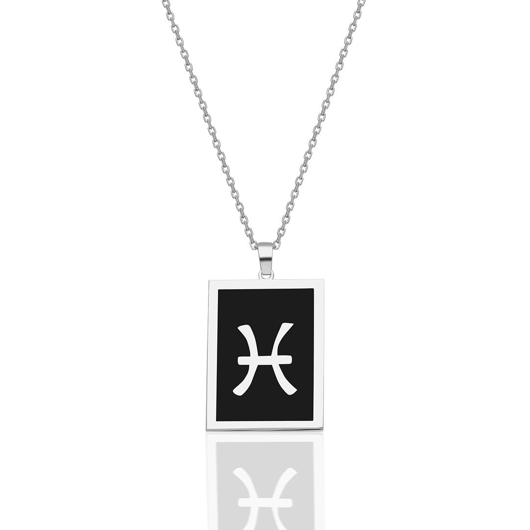 Black Rectangle Pisces Necklace - 925 SILVER