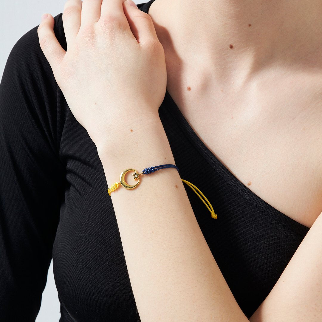 Yellow and Navy Blue Rope Bracelet with Star and Crescent - 925 SILVER