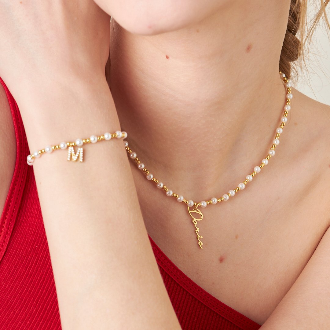 GOLD PERLEN NAMENS SET | 925 SILBER