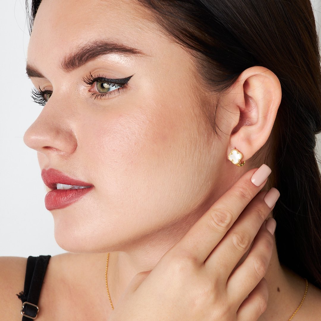 White Stone Clover Leaf Earrings - 925 SILVER