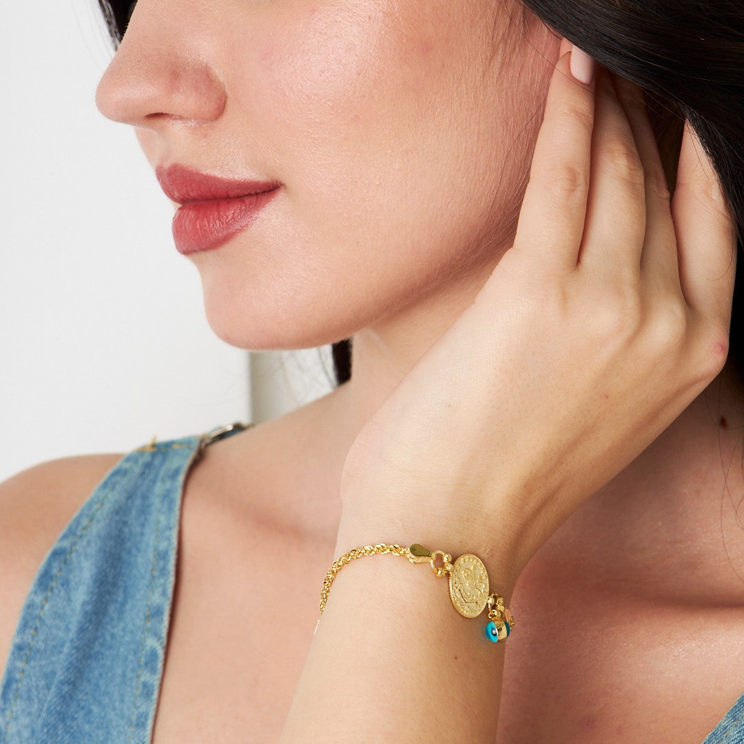 Tughra Evil Eye Embroidered Chain Bracelet - 925 SILVER