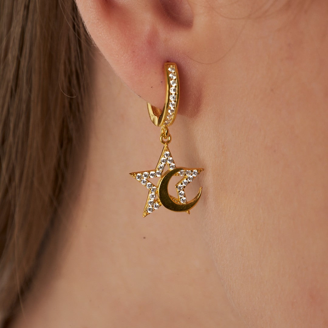 Crescent Moon Star Stone Earrings - 925 SILVER