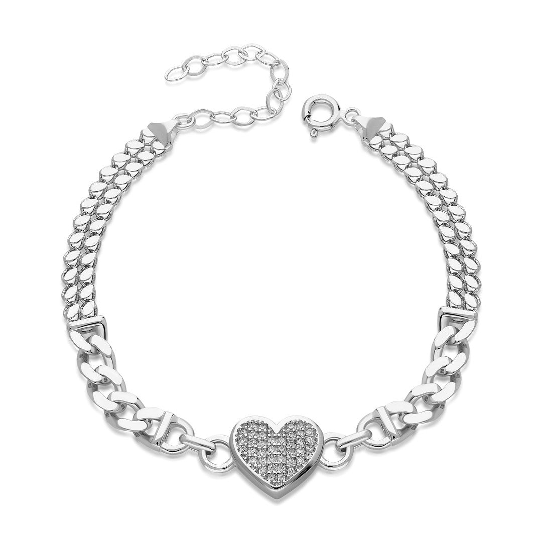 Double Chain Stone Heart Bracelet - 925 SILVER