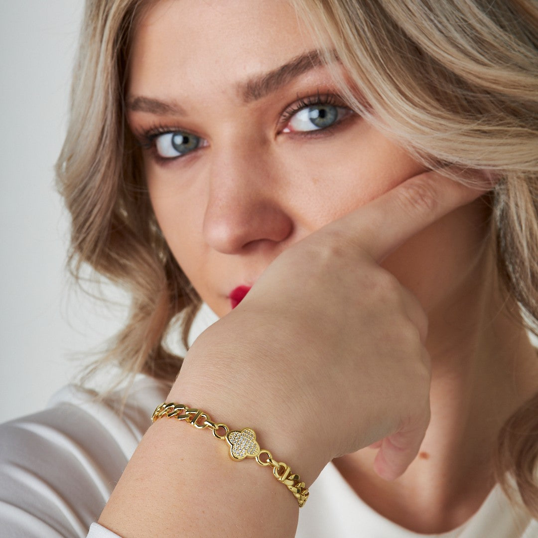 Two Chain Stone Clover Bracelet - 925 SILVER