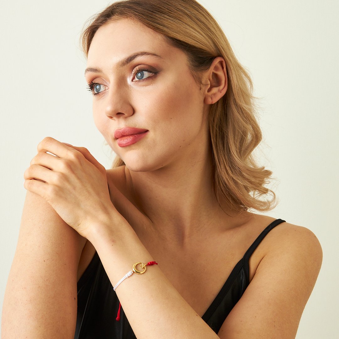 Red and White Rope Bracelet with Star and Crescent - 925 Silver