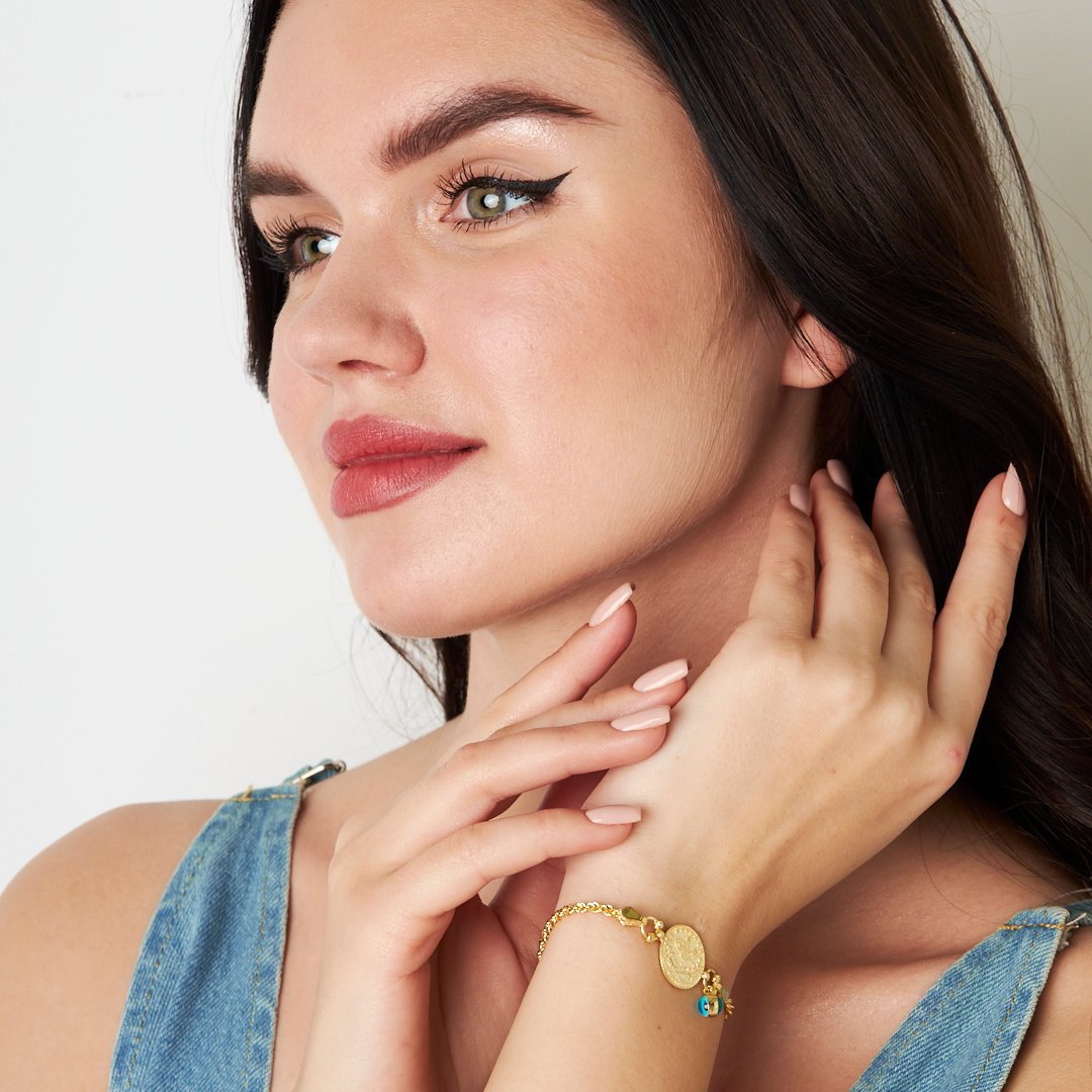 Tughra Evil Eye Embroidered Chain Bracelet - 925 SILVER