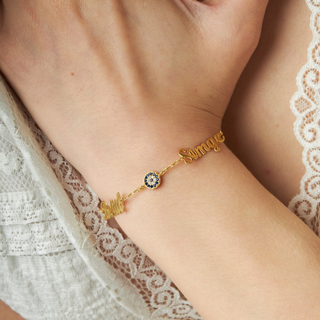 Evil Eye Stone Two Name Bracelet - 925 SILVER