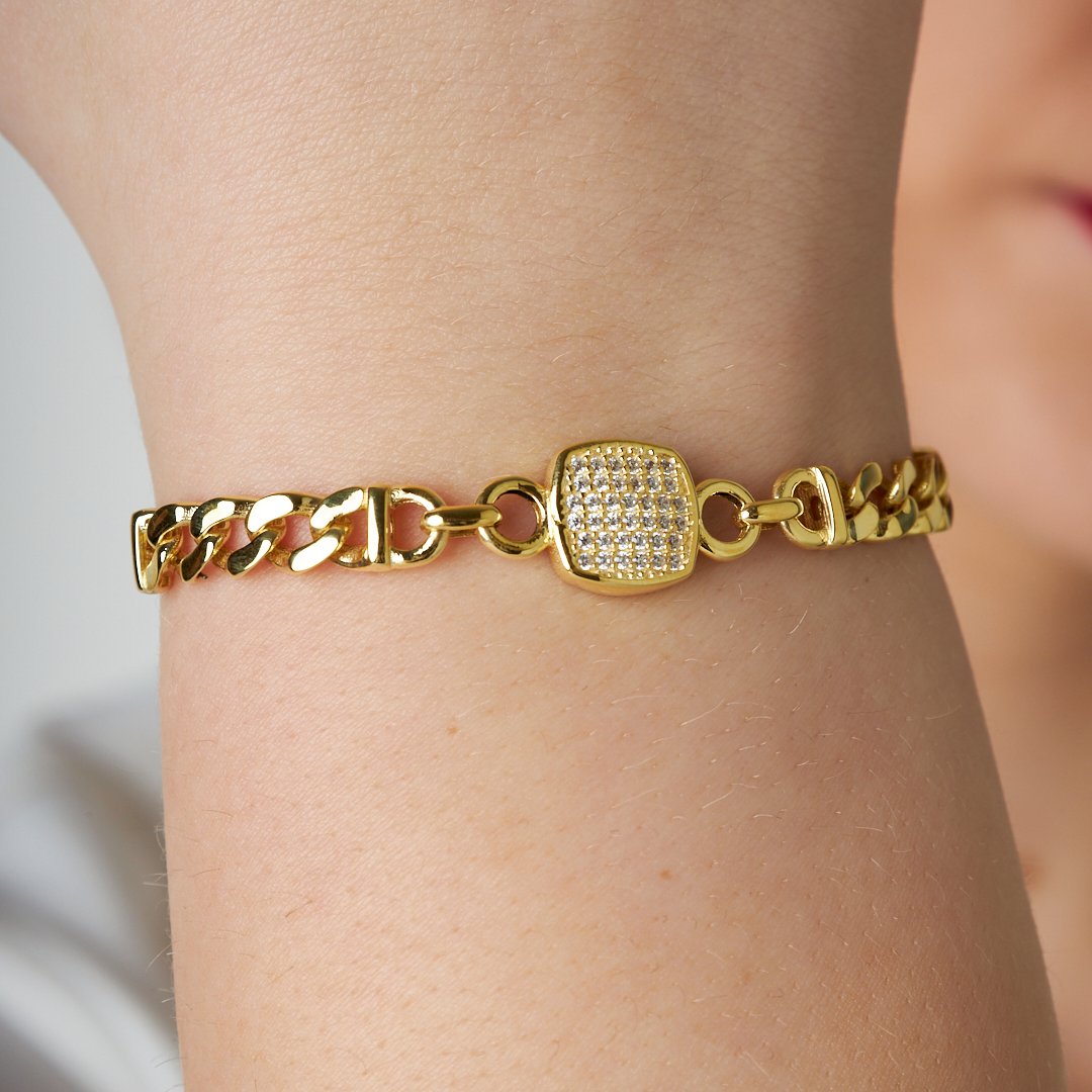 Square Two Chain Stone Bracelet - 925 SILVER