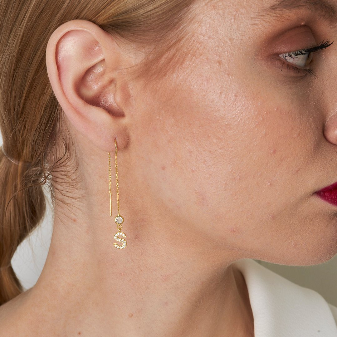 Zircon Stone Dangle Letter Earrings - 925 SILVER