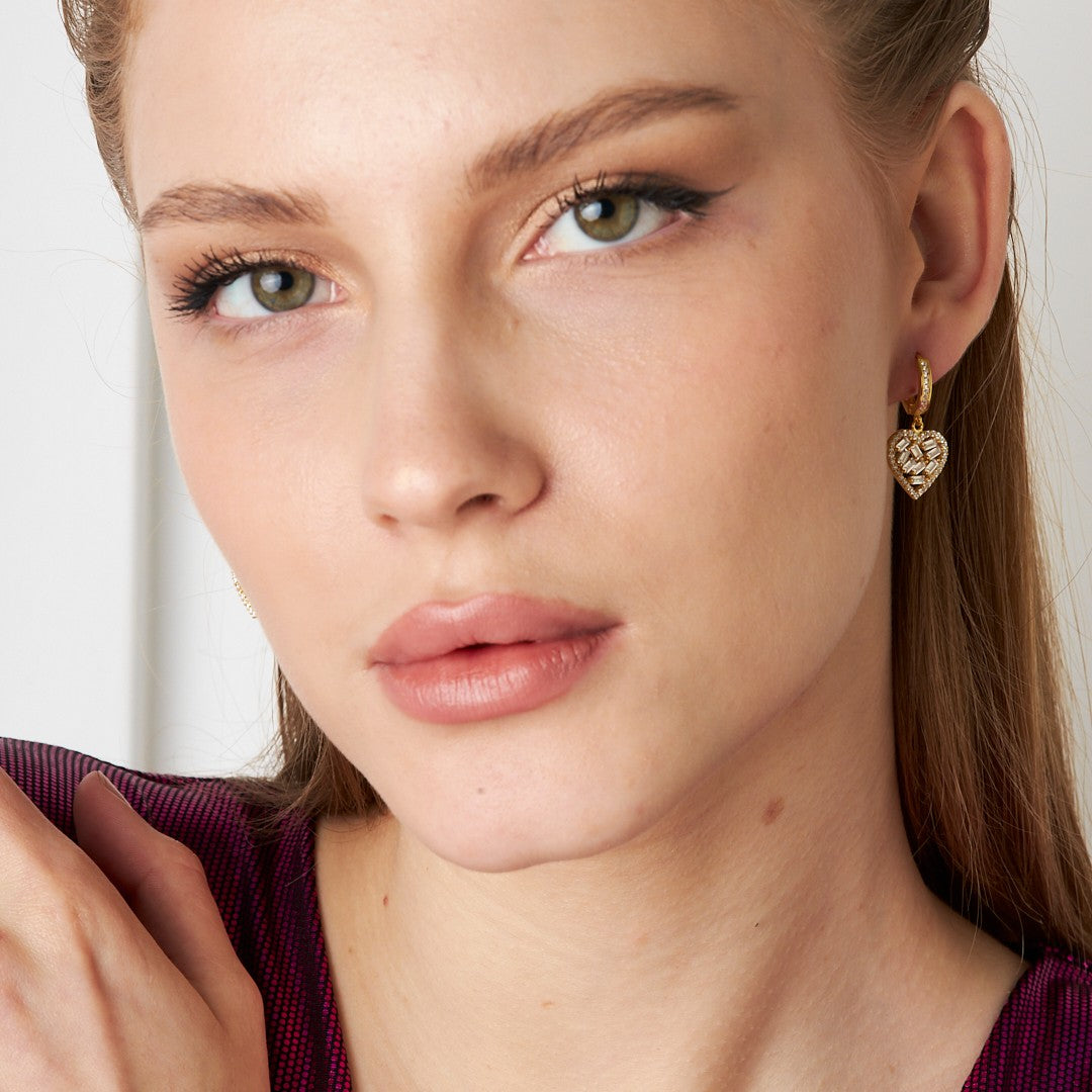 Large Heart Earrings with Baguette Stones - 925 Silver