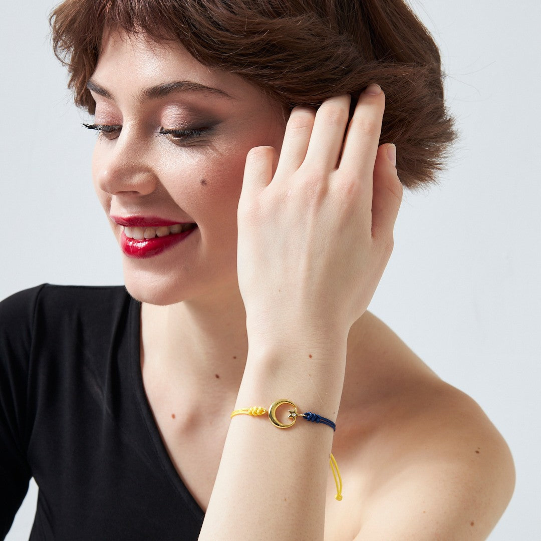 Yellow and Navy Blue Rope Bracelet with Star and Crescent - 925 SILVER
