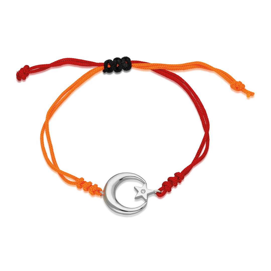 Red Orange Rope Bracelet with Star and Crescent - 925 SILVER